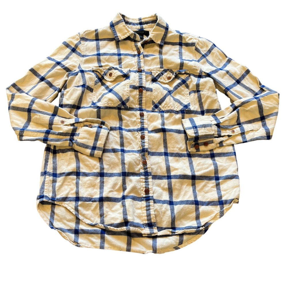 J.Crew Flannel Shirt Womens Cream Blue Plaid Button Down Pocket Size 00
